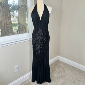 Cache Y2K Stunning Black Beaded Halter Jumpsuit Women S Open Back Glam Night Out